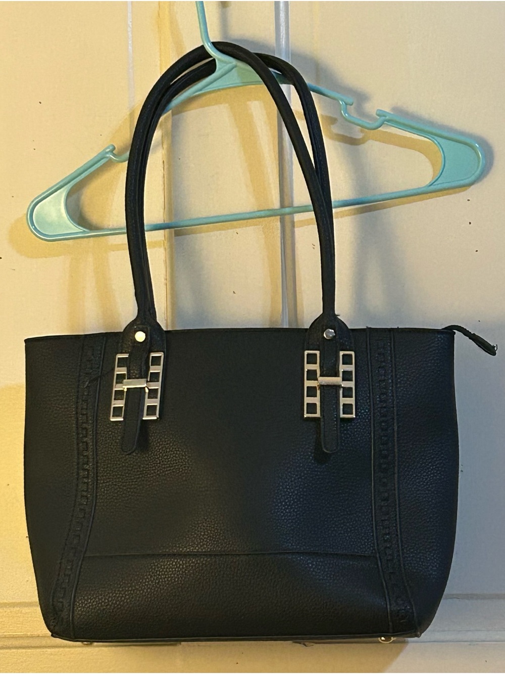 2-Piece Black Pebbled Faux Leather Shoulder Tote Bag & Matching Wristlet Set